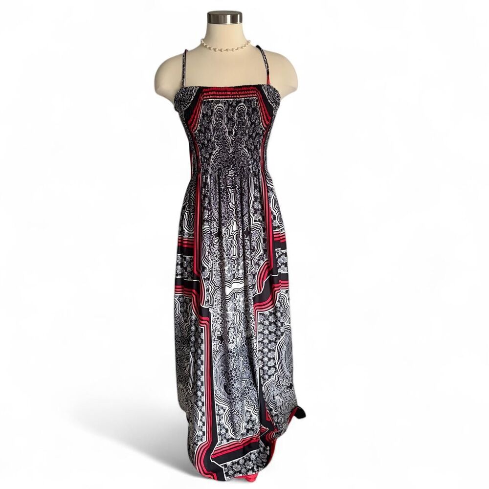 Magic‎ Womens Y2K Paisley Print Smocked Maxi Dress Black White Red Size Medium